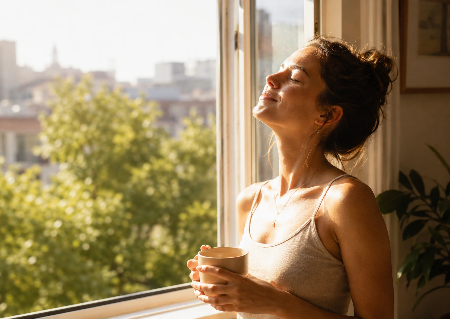 Woman standing by a sunlit window, holding a cup — daily Vitamin D3 maintenance